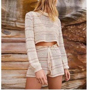 Free People Montauk crochet set natural, beach crop sweater + shorts SZ S